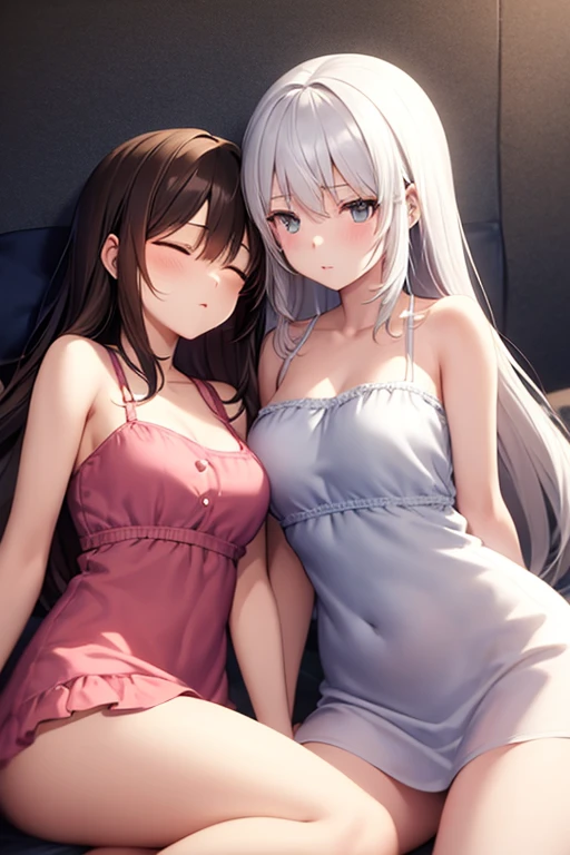 ((Biologically correct limb count and shape))、(( Full-body photo including face))、4K、((Standing position))、masterpiece、((Focus on the face))、((Symmetrical facial features))、Eye for detailed depiction、Beautiful blue-haired woman、Excellent style、Beautiful clavicle、Beautiful Hands、Slender body、(Patent leather camisole、flare skirt)、Black Stockings,High heels、Detailed depiction of the face、Small earrings、necklace、(Low - Angle)、Silver Hair、((smug face)))、Close-up photo of the upper body、In the middle of changing、Panty shot、Nipples、(Lie down in bed)、最高masterpiece、high quality、Photo-like illustration with white frame、ponytail（Unusual legs:0.2),