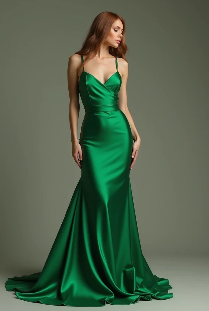 A young girl, Europe, Extremely detailed face, plump face, Oval face, green hair, green eyes, Long hair, two-strap silk dress, collarbones, exposing shoulders, normal mood, straight face, Body, pose facing the viewer