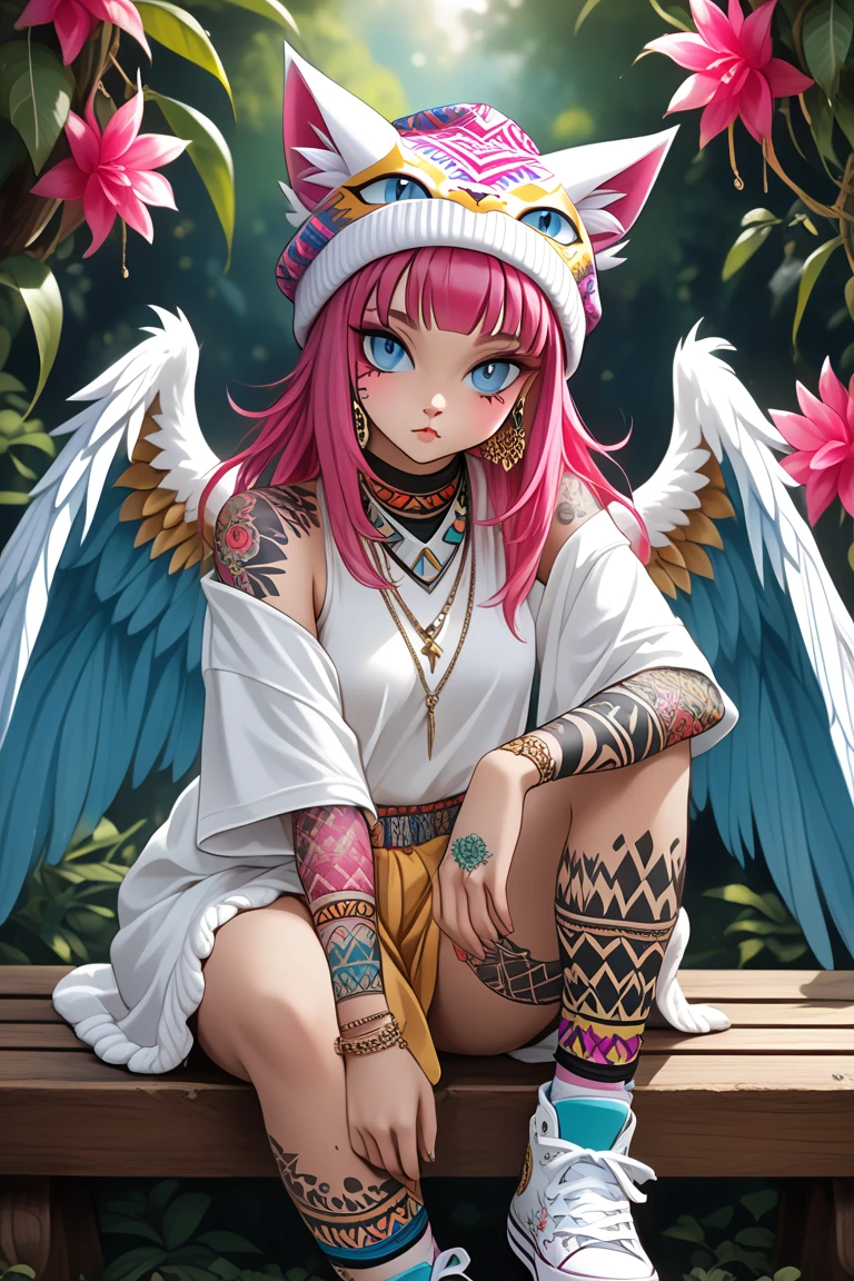 A striking character with bright pink hair and a dragon fruit-patterned beanie, wearing white All-Star sneakers. Her large, expressive eyes and delicate outfit, embellished with lace elements and a pastel color palette, are adorned with intricate dragon fruit tattoos and floral motifs, creating a bold contrast to her soft features. She is seated on an antique wooden bench with a fantastic creature, a cross between a cat and an angel, with a majestic and impressive appearance. The animal's body resembles that of a cat, with soft white fur and piercing blue eyes. However, it has large feathered wings that resemble those of an eagle, ornamented with geometric and tribal patterns in bright colors: black, white, red and gold. These same patterns decorate the entire body of the feline, as if they were tattoos or tribal paintings, creating an extremely detailed and artistic look. The image has a blurred background of nature, suggesting that the creature is outdoors, perhaps in a forest or mountain, an alien flower in the corner