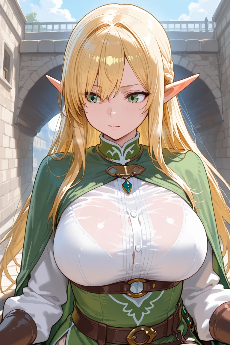 Woman in bridge posture, blonde hair, green eyes, elf, 