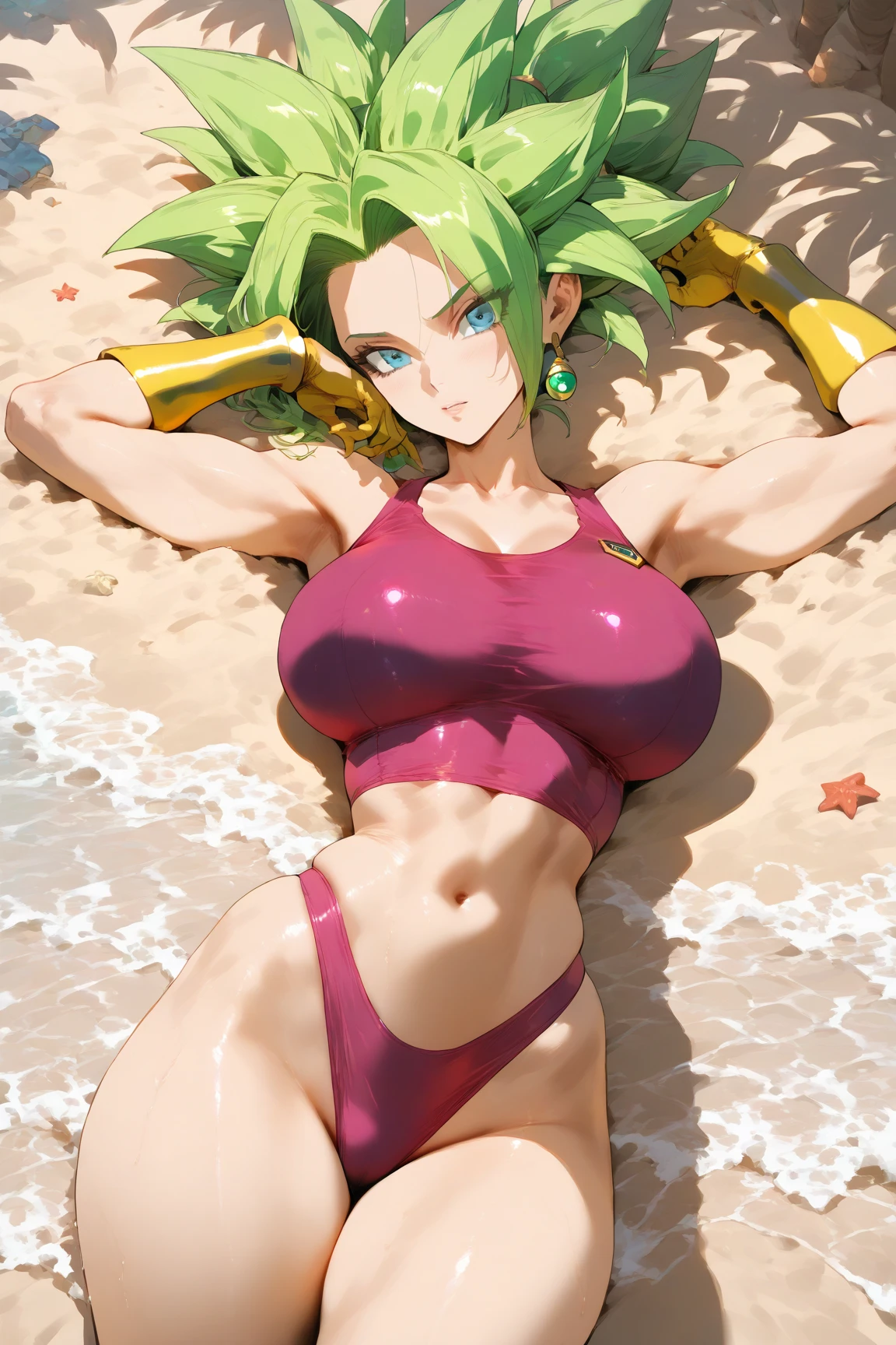 (best quality, masterpiece1.2), 1girl, blush, woman, sexy, detailed, extreme detail, perfect lighting, 4k, vivid colors,(((lying on bed))),((()),,bedroom, wide hips, (large breasts:1.2) BREAK anime style, source anime,(legsless, armsless:1.2),(high angle),smile,(centered),((())),((())),green eyes,bikini,micro bikini,black bikini,kefla,back,backwards,ass focus