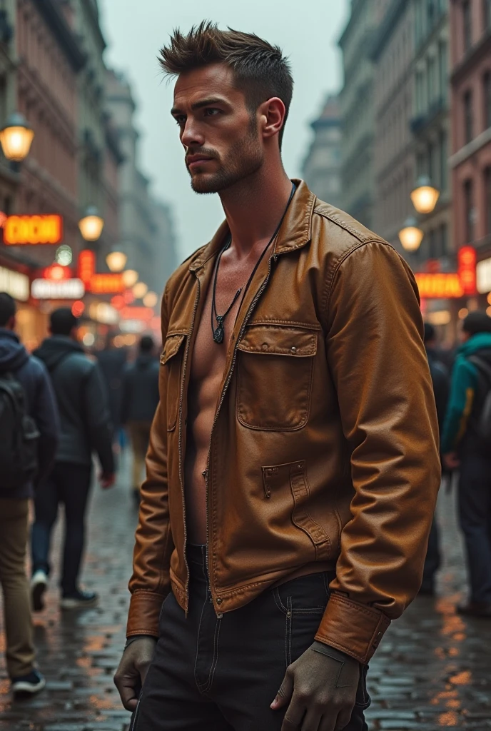 generate a master photograph describing a shapely Handsome Man, a full-body shot of a male fitness model dressed in a stylish, casual outfit suitable for a city day out, (8K, best quality), smile, no beard,clean-shaven, smooth complexion, clear features, young-looking, brown hair, black hair, (hard chest, six pack, v cut), wearing a trendy bomber jacket, fitted dark jeans, and fashionable sneakers, standing in front of an urban backdrop, such as a brick wall or a modern building, (He has sexy hard chest, Most sexy v-cut , Most sexy six pack), Manly, Mancore, (He has fit chest, sexy six pack, sexy v-cut, extremely sexy hips), (dark skin, glistening skin, beautiful complexion), shot on Fujifilm superia, (Studio soft light, high detail, cinematic lighting, rim lighting), Style: (hyperrealistic, by DynastySeries FashionNova, photo, {{{masterpiece photography}}}, analog photograph, professional fashion photoshoot, trending on artstation, synthwave, krrrsty), Quality: (photographed, masterpiece, highest resolution), Definition: (highres, sharp focus, 8k uhd, ultra photo-realistic resolution), Film: (80 mm, shot on portra 120, shot on Fujifilm), Resolution: (extremely detailed, (sharp focus:1.5), cinematic lighting, dramatic lighting, ultra photo-realistic), luxury:   