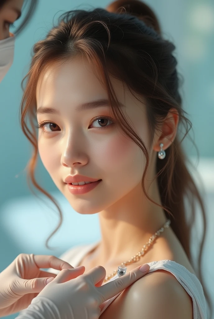 masterpiece, ultra high res, (photorealistic:1.4), raw photo, 1girl poses for photo, wavy long hair, earrings necklaces, off shoulder, light smile, good lighting, cinematic film color grading
