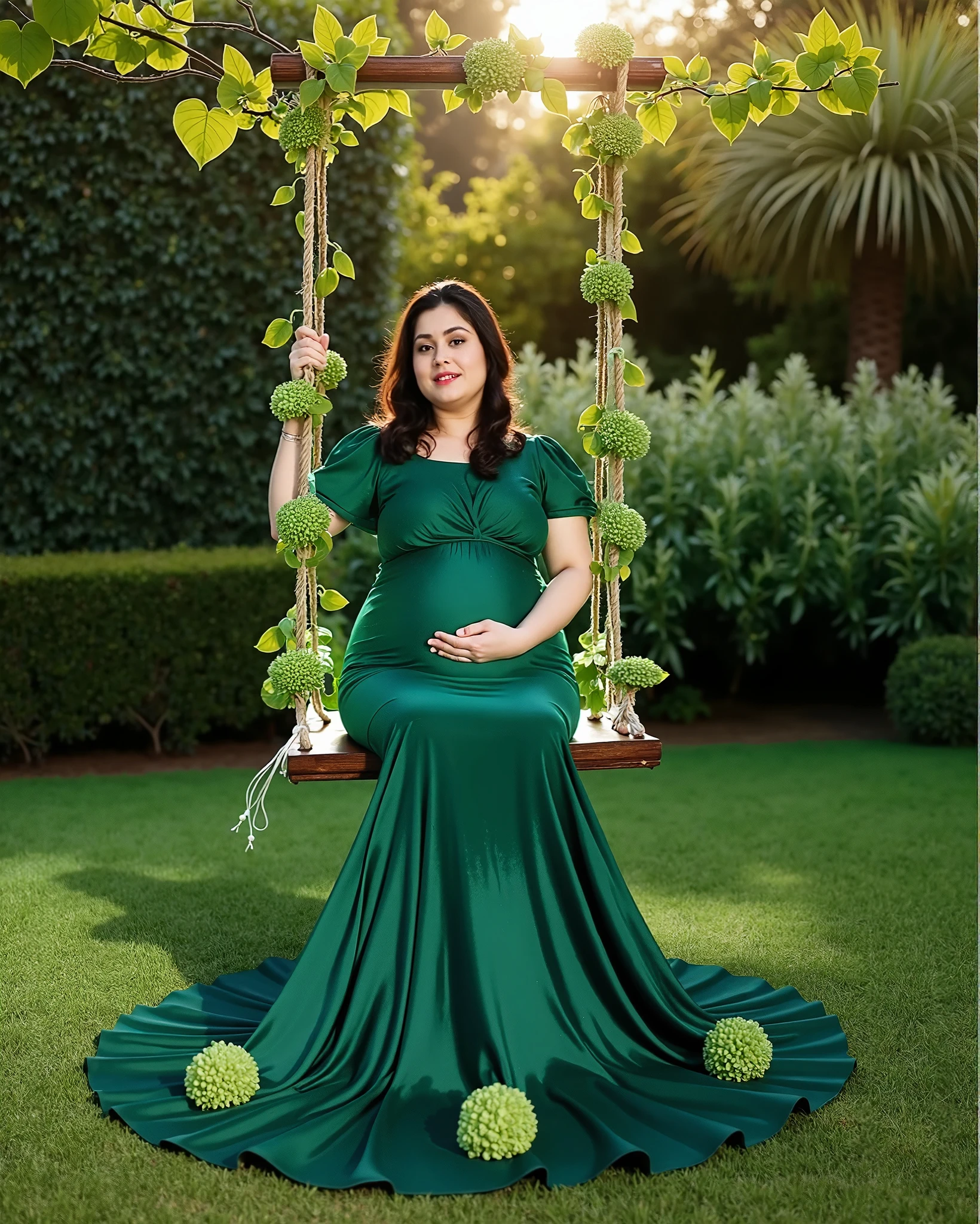 Pregnant woman in green dress sitting on a swing in a garden - SeaArt AI