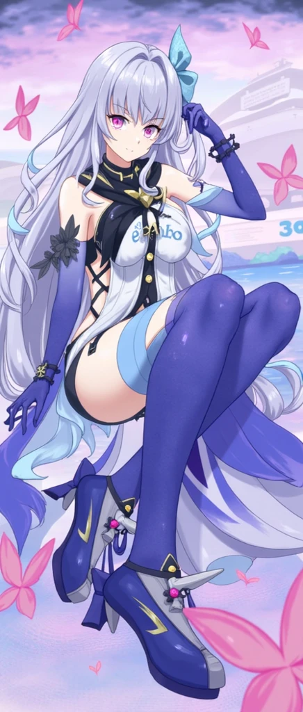 (superior quality, 8k, master piece, Superior image quality, hi-nothing, super detail, Ultra HD |, (delicate and smooth skin, real-looking skin, Perfect and beautiful face, Perfect and Cute Face, high detail skin , perfect limbs)), 1girl, Ahoge, (((thong bikini))), ((thick, muscular legs)), (muscular belly), barefoot, (((showing me her big ass))), ( beach setting), blue eyes 1.4M, blue gemstone, blue nails, blush, medium breasts, closed mouth, blue inner hair, eyes visible through hair, heart-shaped pupils, long white hair, multicolored hair, smile, alone, Furina (Genshin Impact)