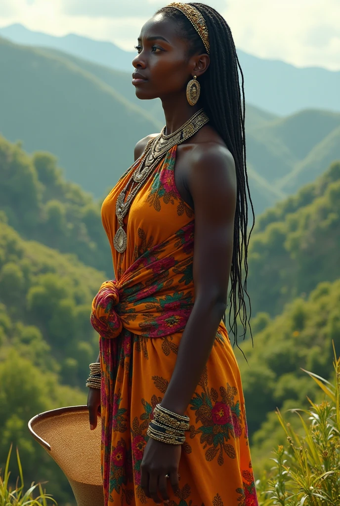 Beautiful black woman, age 40, full body image, sitting on the side of a waterfall, detailed face, shy smile, hair with braids and yellow flowers, dark yellow antique dress, smelling a lily flower, bare feet in the water, shiny necklace with yellow stones.