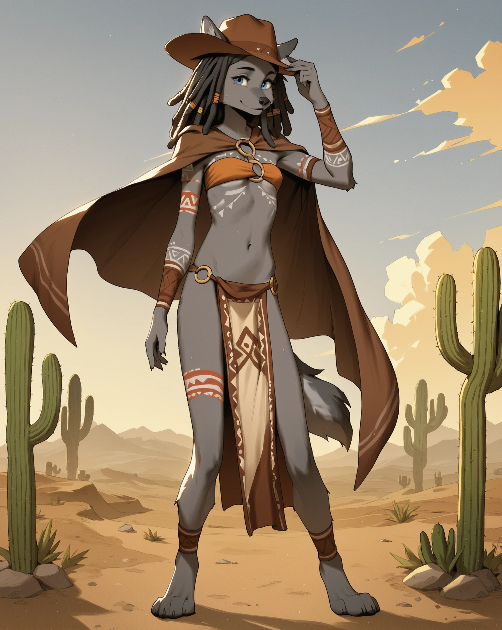 1 girl, (dark skinned female, black hair:1.3), black eyes, tribal girl, tribal accessories, naked, tribal tattoos, smirk, Island background, (masterpiece, highly detailed, best quality:1.5)
