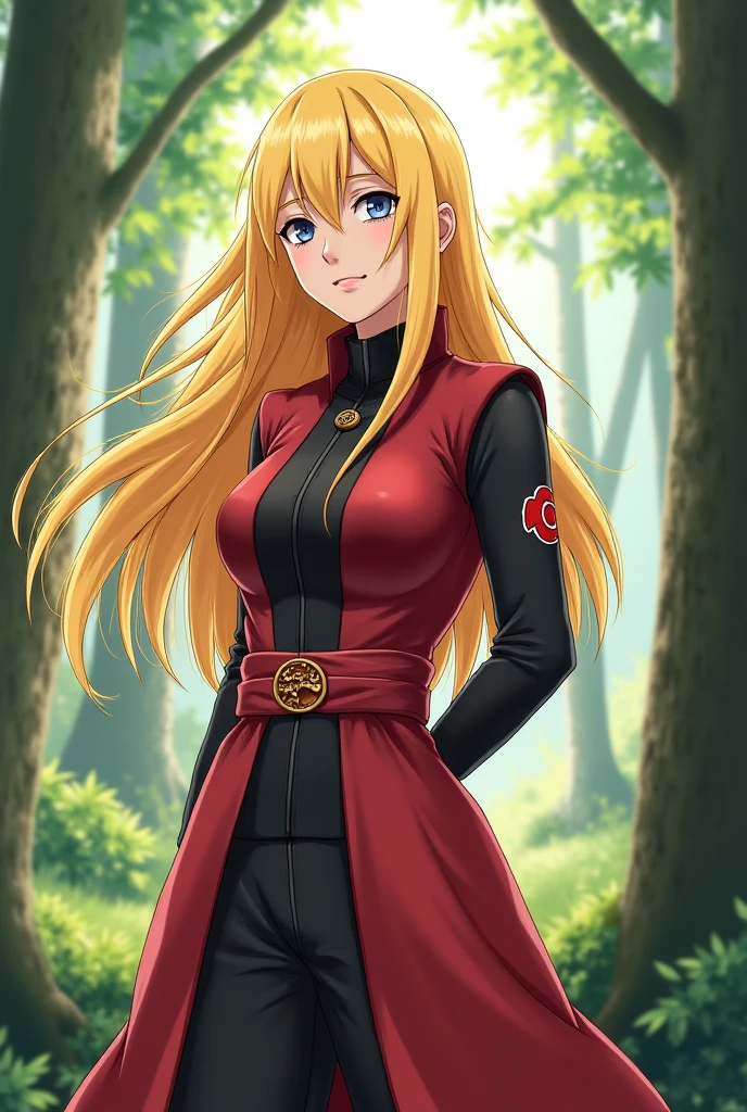 hoshiguma yuugi, vest, long skirt, medium breast, smile, oni, single horn, muscle girl, full body,, mevieval village, pullover, b, long skirt, large skirt tomboy,, forest,, blond hair, red eye, full body, flipflops