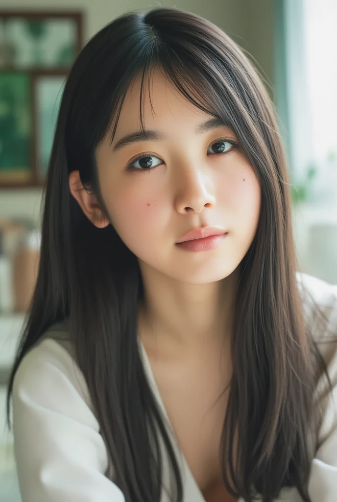 Very young Japanese,Light grey short sleeve ribbed knit,big breasts,Black Hair,Long Hair,Soft lips,Fine skin,(Glowing Skin),(masterpiece:1.4),(Highest quality:1.4),white background,portrait,standing posture,from side,looking away