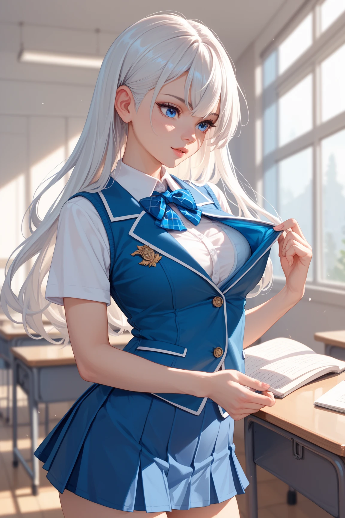 full body,high school girl uniform,(random porn pose:1.2),silver hair,(tanned skin:1.2),(Thin type:1.8),(large breasts:1.2),(random hairstyle:1.2),(Highest image quality, (8K), Ultra-realistic, Best Quality, High quality, High Definition, high quality texture, high detailing, Beautiful detailed, fine detailed, extremely details CG, Detailed texture, realistic representation of face, masterpiece, presence)