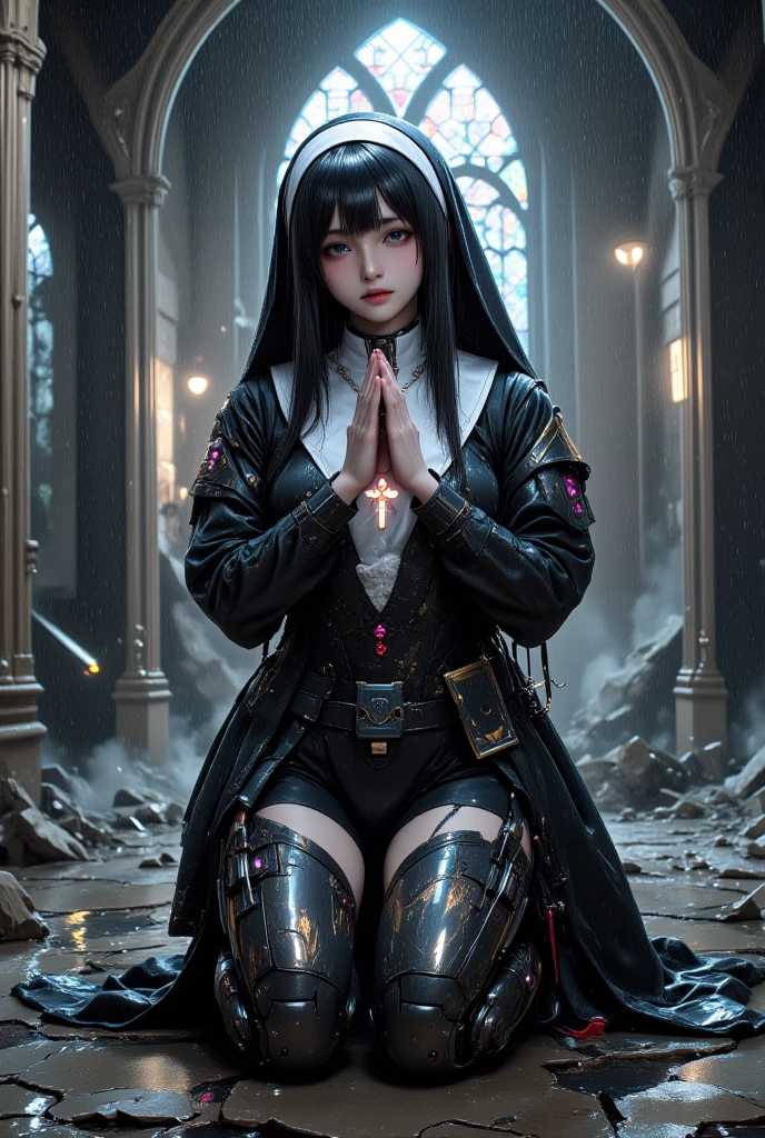 A battle-damaged android girl kneels on one knee in the ruins of a gothic cathedral under heavy rain. She has the soft, delicate features of a Japanese idol — expressive eyes, wet black hair clinging to her face — and wears a tattered black and white sister outfit with lace detailing. A silver cross necklace hangs from her neck, shining faintly. Her expression is solemn and full of emotion.
Her body from the neck down is fully mechanical: sleek cybernetic limbs, armored plating, exposed joints and glowing circuits visible through torn fabric and damaged plating. Despite the destruction, she places her hands together in a prayer-like gesture at her chest, as if seeking peace or forgiveness amidst the chaos.
The background is a shattered gothic cathedral, with broken arches, cracked stone, and scattered debris. Rain pours from the open ceiling. Rays of colored light filter through the remaining pieces of stained glass, casting soft patterns of red, blue, and gold across the wet stone floor and the girl's metallic body. Steam gently rises from her damaged parts, mixing with the falling rain in a quiet, reverent atmosphere.
**Photorealistic, ultra-high resolution, cinematic lighting and shadows, black wet hair, Japanese idol-style face, black and white torn nun outfit, silver cross necklace, mechanical body from the neck down, glowing cybernetic damage, kneeling in prayer, stained glass light beams, soft rain and steam, HDR-quality, solemn emotional tone, dramatic sci-fi gothic composition, professional rendering**