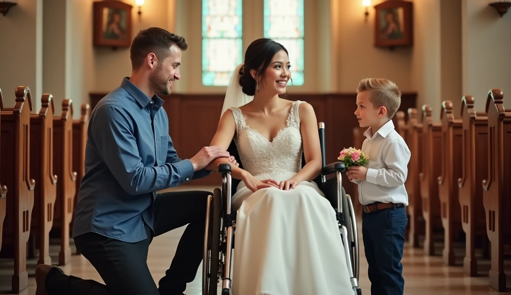 a woman in a wheelchair with a wedding dress holding the hand of a man in a suit.