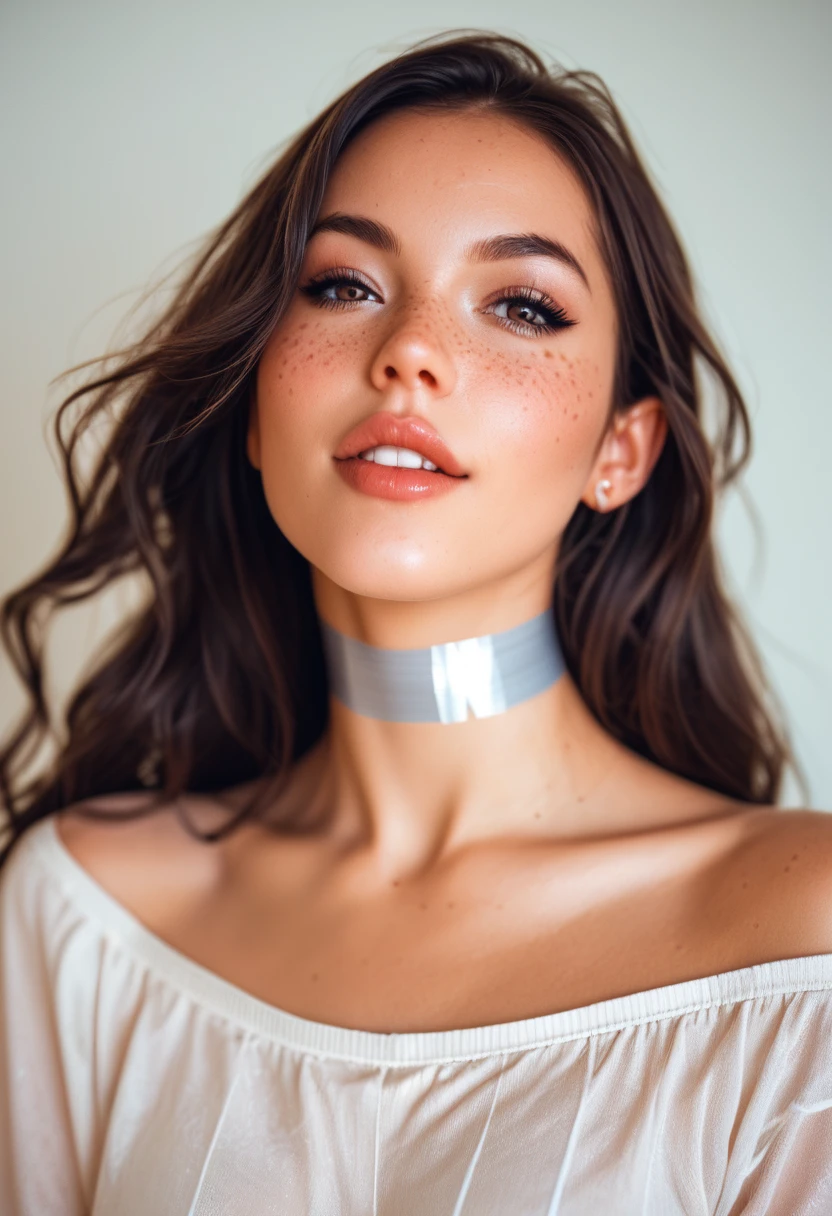 In this captivating photorealistic portrait, a woman takes center stage, following the rule of thirds. Her detailed face, adorned with delicate freckles, is framed by a cascade of medium-length, wavy hair. Her enchanting eyes, brimming with a smirk, are superbly detailed, captivating the viewer's gaze.
To accentuate the image, she wears a simple yet stylish tank top that reveals a collar or choker. Intricate and fascinating tattoos adorn her arms, adding another layer of allure to the composition. Beneath the soft glow of dramatic lighting, her sculpted features stand out in vivid detail