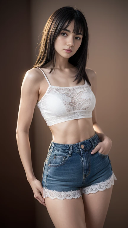 Girl in white bra and short tight denim skirt posing for photo, full body, legs spread, with no T-shirt, bra, slim body, smaller bust, slim girl model, 24-year-old female model, lying on the construction site, a group of black men onlooking