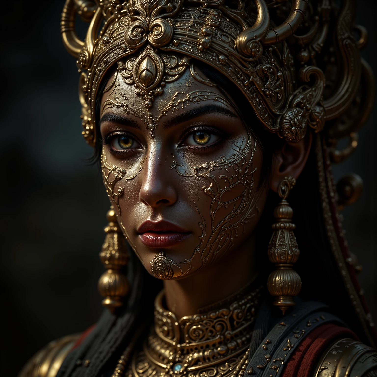 Gere uma imagem da personagem Mara, also known as 'Mara Death Dealer', do jogo Call of Duty: Guerra moderna. corpo inteiro, fisionomia cruel, micro bikini, cor vermelha e preta, Detalhes em ouro, na praia, sol poente, palmeiras, corpo escultural, flowing hair, ((metralhadoras, Granadas, gold accessories)),