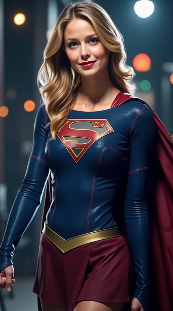 (masterpiece, High Quality, vodel dbz, realistic photo,  of 8k  ), beautiful woman, full face photo,    with light eyes   , beautiful  , beautiful and detailed face,  charming smile ,   beautiful    , Angelic look,   beautiful legs, great detail of her body and face in a sensual and  pose. Great detail of the background and environment.   Beautiful girl with very  , red lips, long loose hair, sensual. A woman with a cosplay inspired by Supergirl, with a modern and realistic design. Her outfit is blue with gold and red details, with a large 'S' in relief on the  and a red cape attached to metal brooches. Her abdomen is visible , showing an athletic and toned figure. The scene takes place in an urban environment with defocused rear lights with a cinematic touch. The lighting highlights his face and the details of the costumes with great realism.
