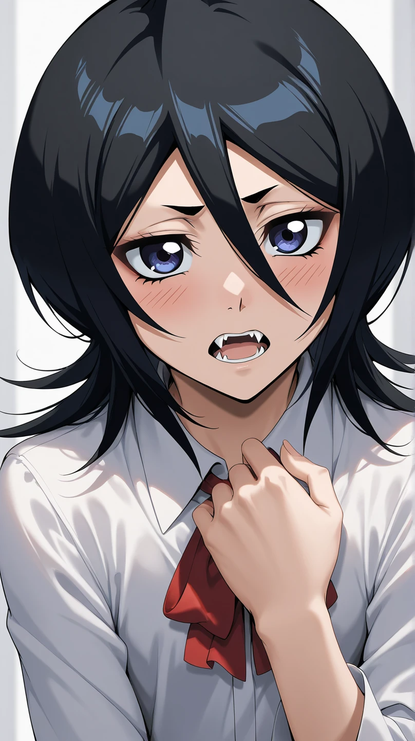 anime screencap, yuri, close-up, long hair, black hair, blue eyes, pussy juice, pussy juice in mouth, pussy juice on face, black lipstick, smile, heart-shaped pupils
