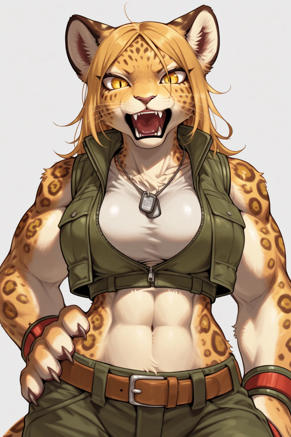 anthro,
female,
solo,
leopard,
cargo pants,
green cargo pants,
top,
muscular,
teeth,
fangs,
white top,
white tanktop,
tonned,
torn clothes,
torn shirt,
torn pants,
belt,
abs,
yellow eyes,
belts on pants,
utility belt on pants,
belt pouch,
clothes torn by fangs,
bags on pants,
pouches on pants,
bracelets,
brown bracelets,
barefeet,
paws,
dog tags,
feline paws,
white background,
<lora:Leopard_Bloody_Roar-10:1> leopard_bloody_roar, (best quality, good quality:1.4),
(by dagasi, by daigaijin),