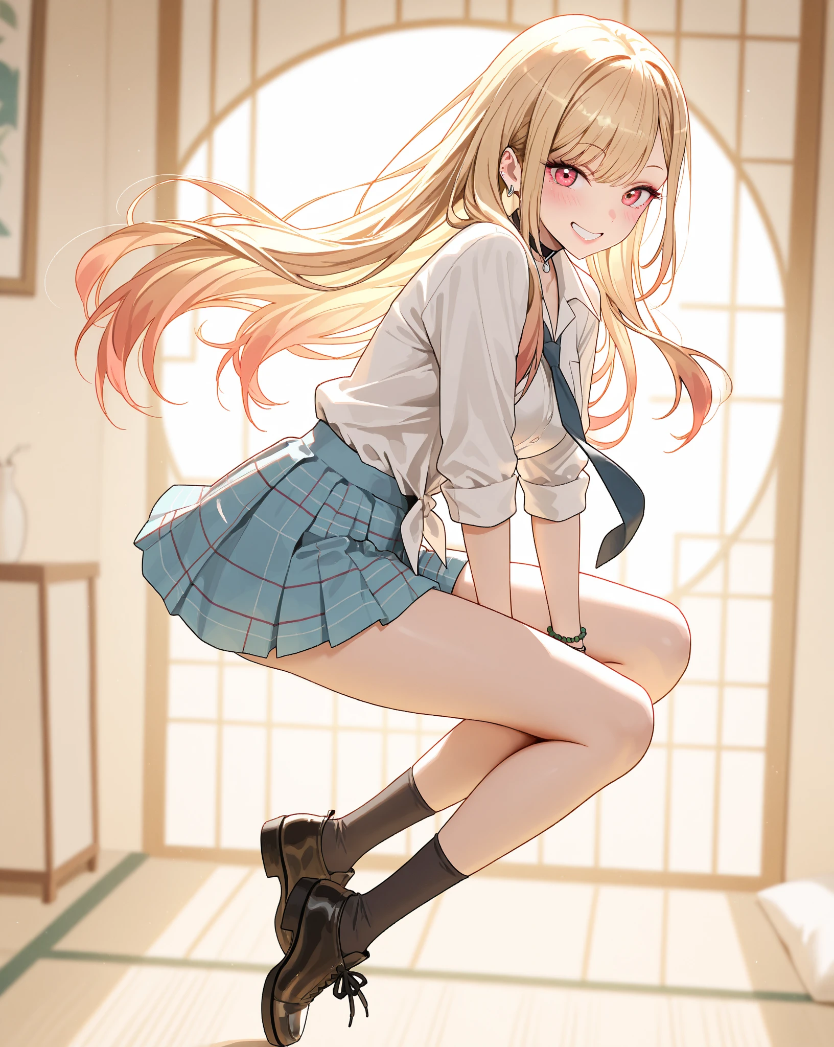 A girl, alone, Kashiwazaki Sena, butterfly hair ornament, long hair, hair ornament, blonde hair, skirt, school uniform, s. chronic school uniform, s. chronic school uniform, s. chronic school uniform, s. chronic school uniform, s. chronic school uniform, open mouth, smile, plaid skirt, blue eyes, plaid skirt, blue eyes, plaid shirt, shirt, breasts, butt, :d, pleated skirt, open t-shirt, no panties