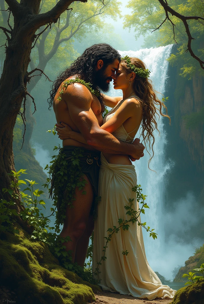 A highly realistic panoramic sunlight image of Tarzan and his blonde Jane, half-naked dressed in a loincloth of a primeval man, both standing dripping with water kissing under the crashing waters of a waterfall half surrounded by jungle trees in 10000 BC, HD photography, ultra-realistic, King Tut, 4k, hyper-realistic, sharp texture, color