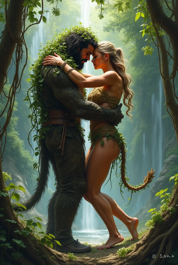 A handsome young man with long beige hair down to his knees. He is bare-chested and tanned.. He has brown furry legs with hooves., he is still a faun or a satyr. He is only , he is a very young satyr. It is very beautiful. He is very young.. Facial features are masculine, Asian. He has a red heart pendant on his chest.. He stands in a forest of ferns, and a woman hugs him. The woman has tanned skin, two long black thick braids down to the ground, Eyes black. She is dressed in a blue floor-length tunic with a brown belt.. On her head she has a thin and light transparent veil that reaches to the ground.. Shoes women brown sandals.
