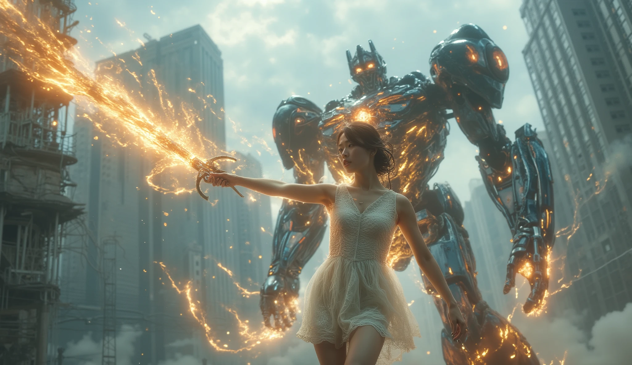 , Beautiful Japanese in a deep V-neck sheer lace minidress The girl of, stockings, and the end of the world, standing in a ruined city, huge, Highly detailed mechanical chain saw blade, filled with complex mechanical parts, Deathsteel wielding , Extremely powerful. (((The fragility of a girl、contrasts markedly with a mechanical chainsaw-like sword))), so、Its mystique and menacing power heightens. in the background 、filled with collapsed buildings and electric wires, grey sky in the background , enhances a desolate industrial atmosphere. The overall image exudes strength, danger, and the end of the world. beautiful face, has very realistic and delicate features. ,an ultra-fine F-GVA machine chainsaw sword, The woman threw her weapon into the air、huge機械のメガトロンに変形させた ** camera movement **: カメラはそのhuge機械の動きに追随し、and transformed it into a megatron, a giant machine that captures the destruction process in real time.