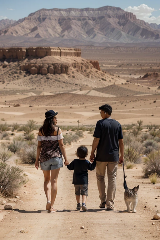 crea una imagen de una familia de 1 padre, 1 madre y 3 hijos caminando por un desierto caricatura