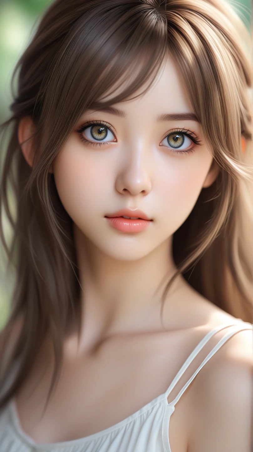 blurred background、anatomy、Russian20Talented Woman、small face、detailed beautiful eyes、plump lips、detailed eyes and face、fascinating eye color、long eyelashes、1 girl、skin like white porcelain、Soft and delicate skin、bangs are short、medium long hair、brown hair、careful depiction of hair、An ennui look、elegant posture、Natural light、Impressionist painting style、great atmosphere、silence、rosy cheeks、born、highest quality、High resolution、masterpiece:1.3、8k