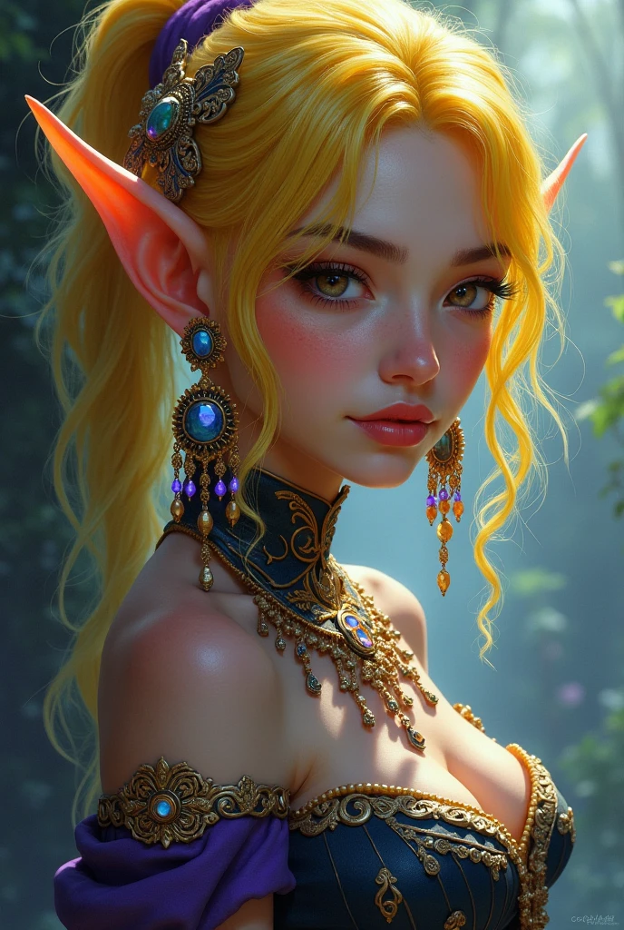 1woman, (big breasts), wavy pink very long hair, close up, (wearing chinese hanfu), clothes with many layers ((yellow) gingko leaf), pink long horns on head, elf ears, yellow eyes, seductive, deep neckline, skin exposed, yellow gingko leaves in background, close up, portrait, ((yellow theme)) background, chubby, shoulders covered, (sly, smirking), fun