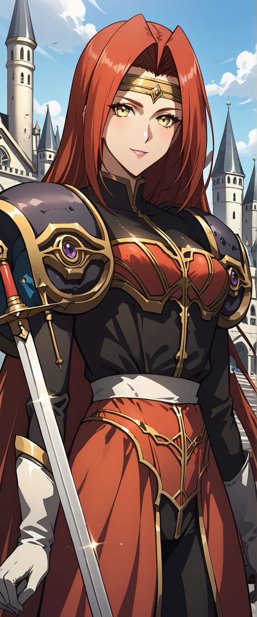(score_9,score_8_up,score_7_up,BREAK source_anime,(masterpiece:1.2),best quality,very aesthetic,public indecency,absurdres),masterpiece,best quality,very aesthetic,absurdres,intricate details,fantasy,1girl,solo, fana,sword,circlet,red hair,yellow eyes,very long hair,pauldrons,shoulder armor,armor, looking_at_viewer,standing,castle,upper_body,face_focus,smile,portrait,, masterpiece,best quality, very aesthetic, absurdres, ultra detailed, high resolution, 4k, extremely detailed CG,
