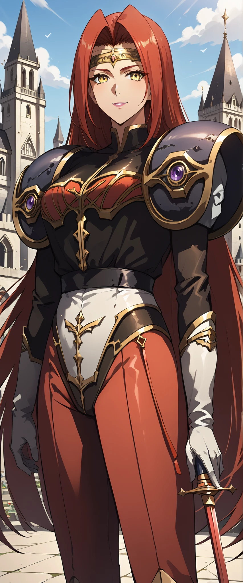 (score_9,score_8_up,score_7_up,BREAK source_anime,(masterpiece:1.2),best quality,very aesthetic,public indecency,absurdres),masterpiece,best quality,very aesthetic,absurdres,intricate details,fantasy,1girl,solo, fana,sword,circlet,red hair,yellow eyes,very long hair,pauldrons,shoulder armor,armor, looking_at_viewer,standing,castle,upper_body,face_focus,smile,portrait,, masterpiece,best quality, very aesthetic, absurdres, ultra detailed, high resolution, 4k, extremely detailed CG,