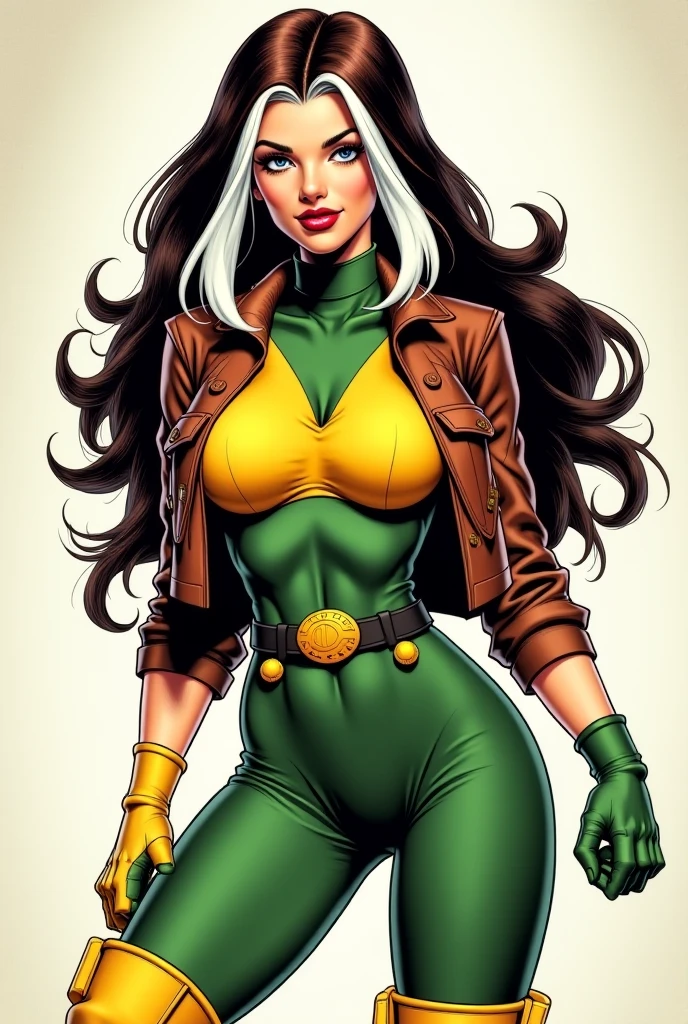 masterpiece,best quality,extreme detail,8k,white background,<lora:rogue:0.7>,rogue2,1girl,solo,long hair,breasts,smile,large breasts,simple background,brown hair,gloves,white background,medium breasts,green eyes,jacket,white hair,multicolored hair,boots,parted lips,open clothes,belt,artist name,signature,two-tone hair,open jacket,lips,looking to the side,fur trim,bodysuit,makeup,headband,turtleneck,watermark,wavy hair,knee boots,light smile,lipstick,clenched hand,multicolored clothes,buckle,clenched hands,cropped jacket,high collar,brown jacket,belt buckle,leather,animification,superhero,yellow footwear,yellow gloves,leather jacket,bomber jacket,dyed bangs,multicolored bodysuit,green bodysuit,yellow bodysuit,