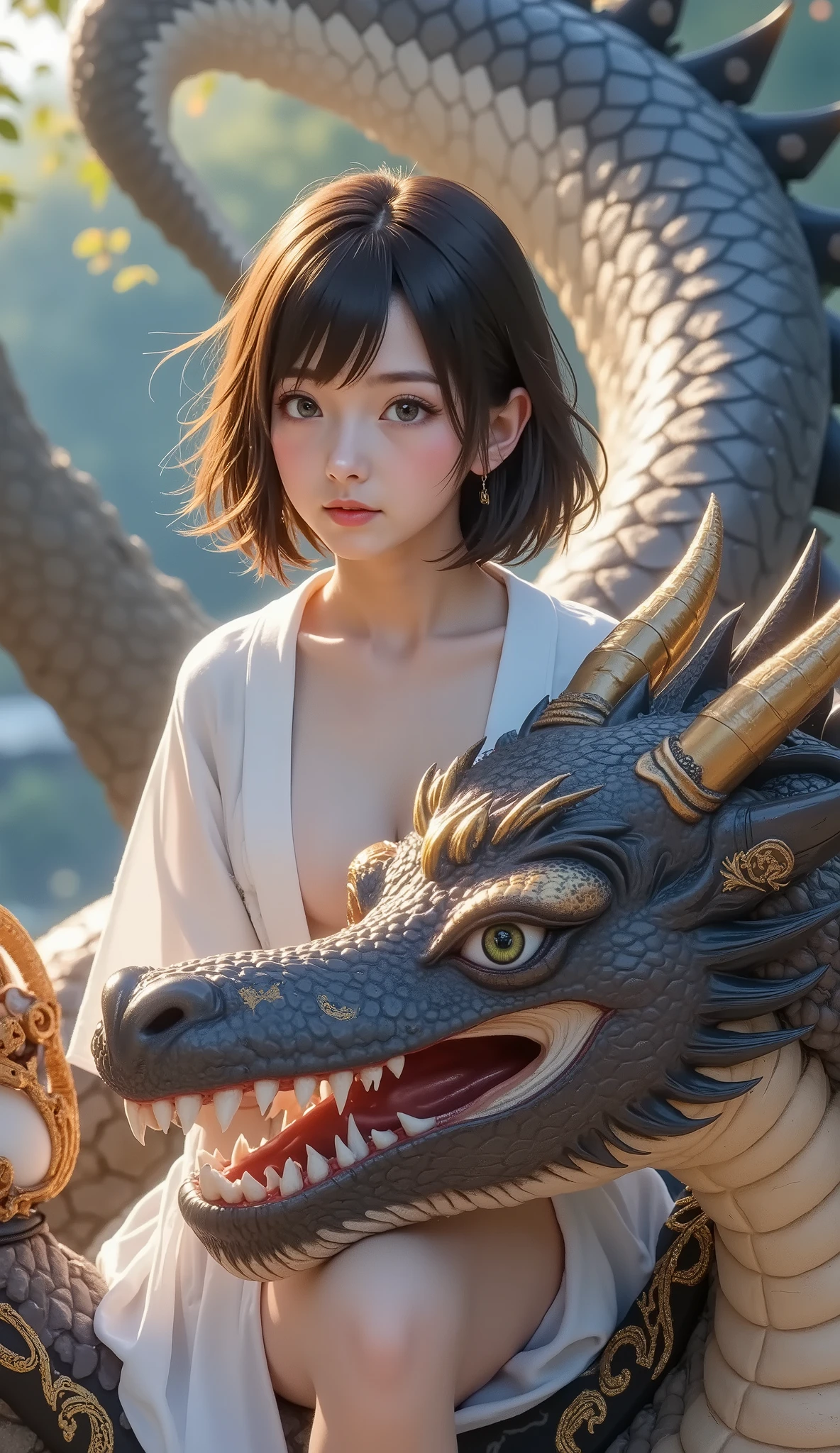 Close up of a painting of a figure riding a dragon, Tibetan painting, teeth , Ultra Precise Paintings, Ashura , qigong , girl, Close up of the painting of the god Serk Namsun , puşkaracūa 、Blur