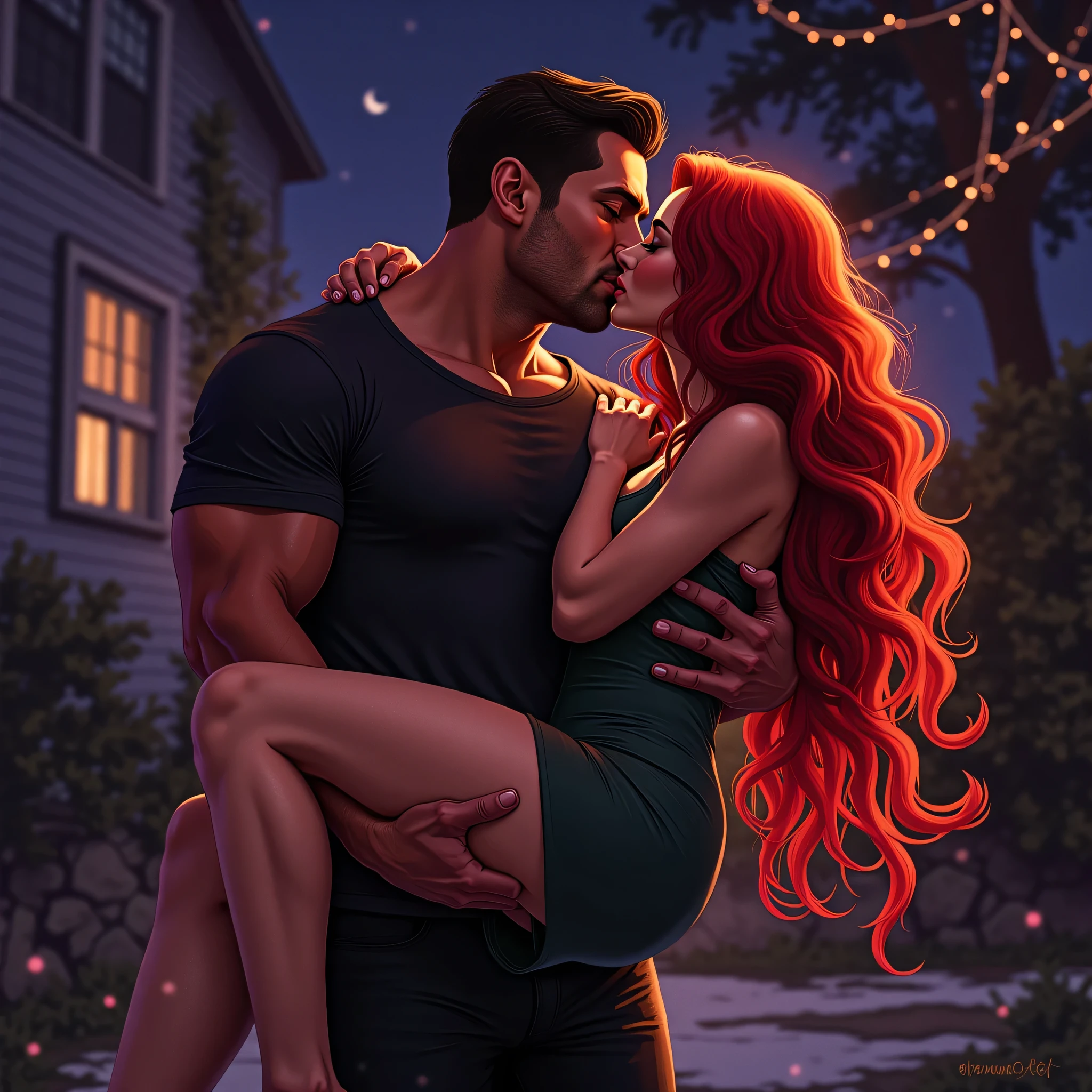 A home night A romantic digital illustration of a muscular man holding a red-haired woman in a passionate pose. The woman has long, wavy, vibrant red hair and is wearing a short, dark green dress. The man has a strong build and is dressed in a tight black t-shirt and black pants. They are kissing intensely, full of emotion."