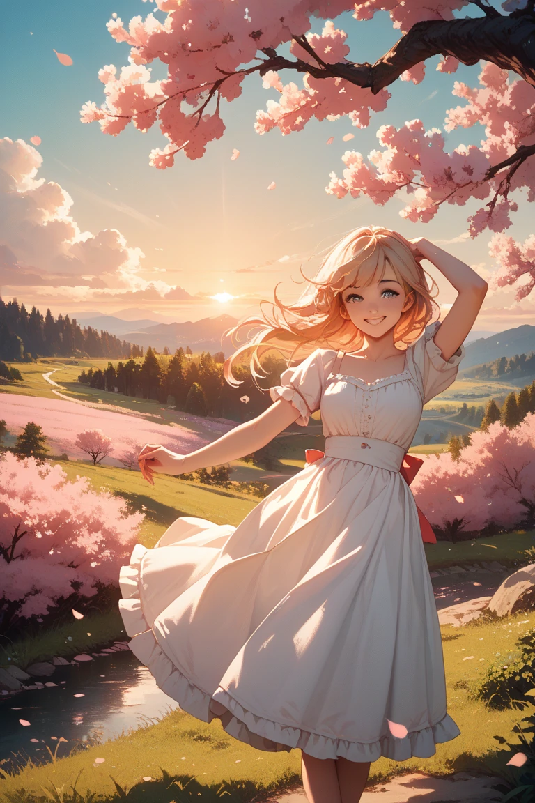1girl, full body, solo, summer, village, trees, sun, clouds, ((colorful hair)), long hair, curly hair, ponytail, large breasts, ((black blazer)), button down shirt, ((white shirt)), ((short sleeved shirt)), ((unbuttoned shirt)), unbuttoning buttons, cleavage 1:3, brown eyes, skirt, smile, looking at the viewer, standing, hair ribbon, golden necklate