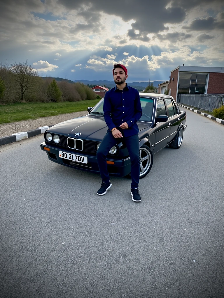 Create 3d illusion for a profile picture A 18 year- old cute guy in a black hoodie and with the name "ANA" written on it and sitting on a white BMW Car, wearing black sneakers and sunglasses, he looke ahead with Pakistani flag in his hand and giving salute with his hand, The background features "HAPPY INDEPENDENCE DAY" in orange, white and green neon light fonts on the dark grey wall89