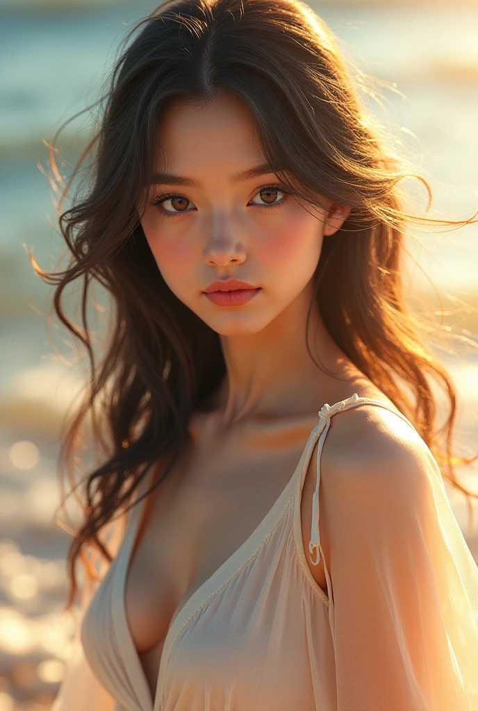 A young woman with a soft, natural makeup look, featuring a slight rosy blush on her cheeks. She has long, wavy hair softly framing her face and is gazing directly at the camera with a gentle smile. The background shows the warm, golden light of the setting sun over the beach, creating a serene and tranquil atmosphere.