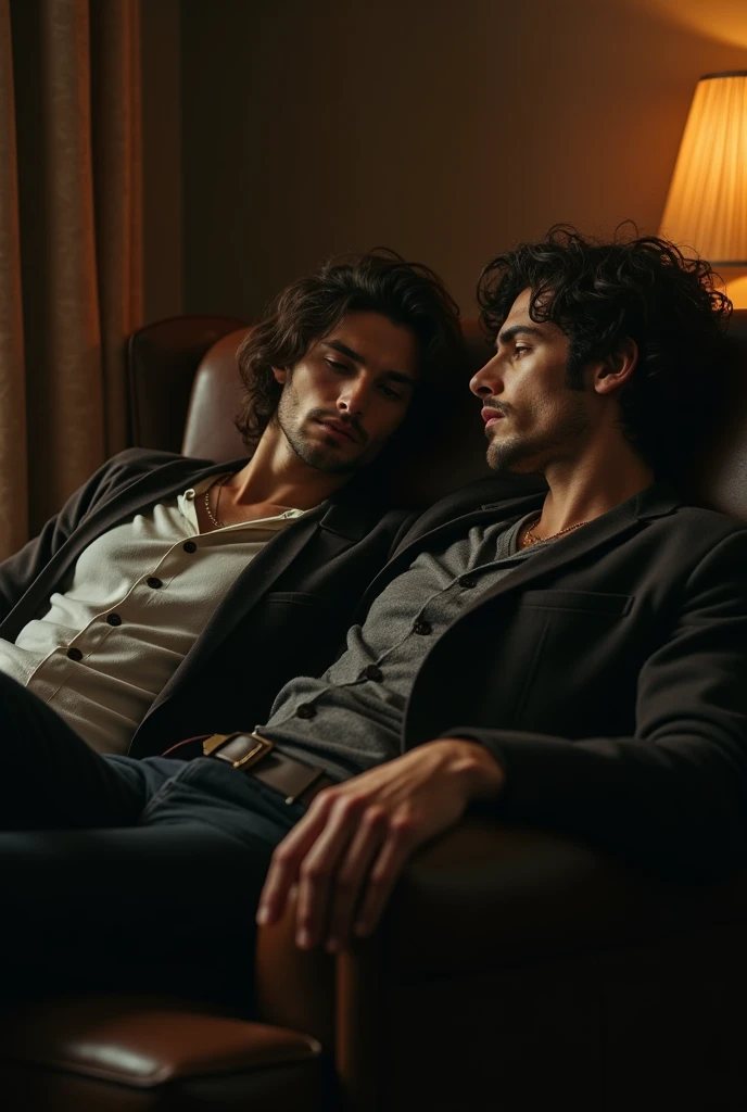 (photorealism:1.2), beautiful men sitting on bed, wearing loose off-shoulder top, pajama pants, long curly hair, indoors, soft lighting, plants in background, window with sunlight, cozy room, relaxed pose, realistic, intricate details, warm colors, by Greg Rutkowski, by Alphonse Mucha