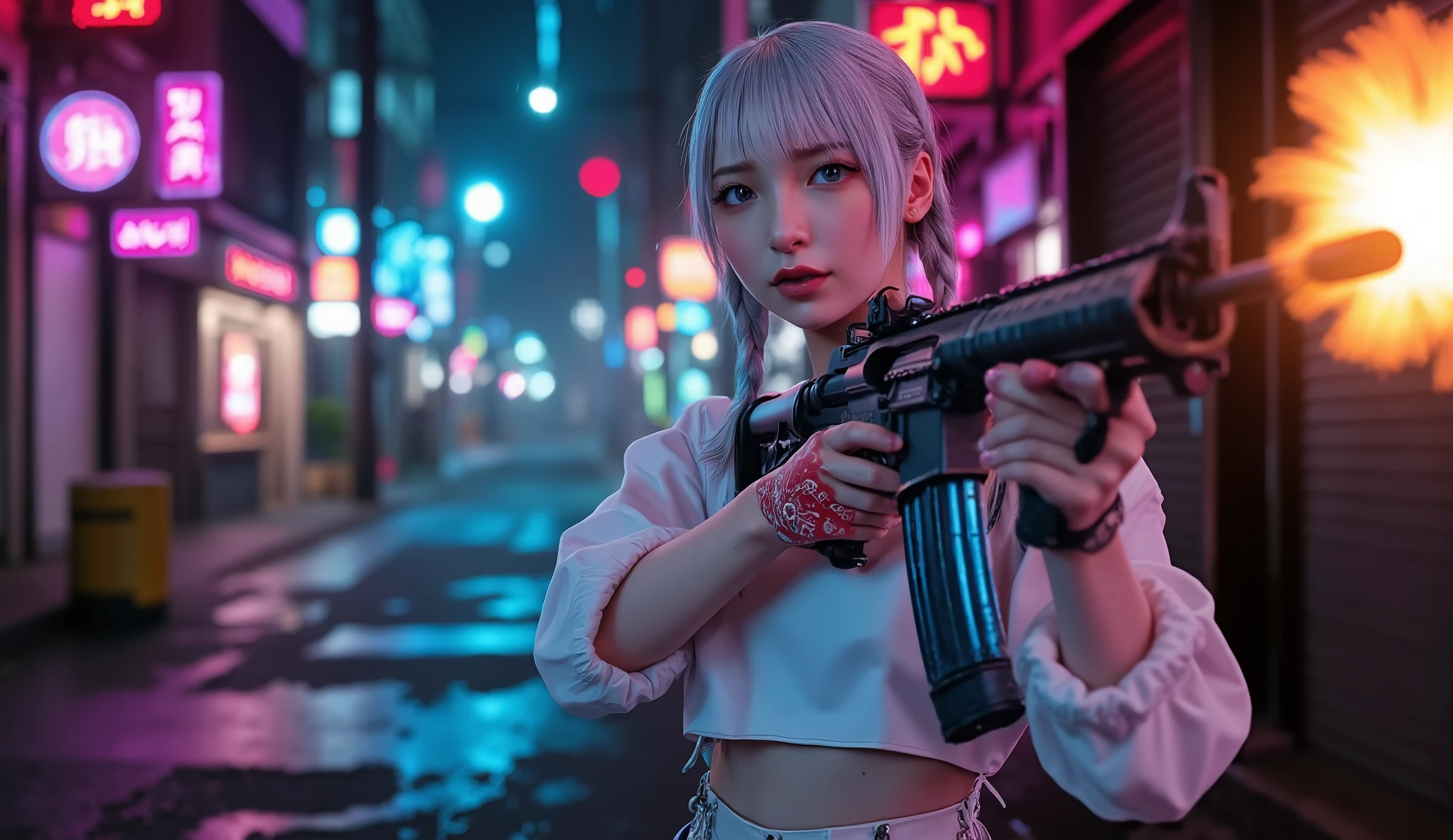[style: "photorealistic, like in a movie, Cyberpunk"](primary command: "生物学的な正確さを持つ超鋭利な人間のeye"){ character: "20-year-old Caucasian female" | face: - "Symmetric white skin (Subsurface Scattering:1.3), plump lips (vertical lip crease:0.7)" - "eye: (acid resistance term) (macro details:1.5): Moist corneal surface (visible water layer:1.2) Highly detailed iris stroma (Brown with gold specks) precise pupil edge (Slightly dark pigmentation:1.1) Pupil microtexture (irregular edge realism:0.9) * Full body shot of a beautiful Asian woman with blood vessels in the sclera  (subtle red veins radiating from limbus)" - " eyelashes: Blue pieces々Synthetic fibers (Cross-hatched roots:1.2, Lump-free separation)" | hair: "Realistic white braids with split ends (Neon light diffraction pattern)" | pose: "In combat mode (Biomechanically plausible spine twist)"  Technical specifications : (Optics: - "Zeiss Otus85mm f/1.4 Lenses (eyeの屈折計算:1.3)" - " shutter speed :1/500 (eyeの微細な動きを凍結する)" - "Focus stacking:7-point coverage in iris plane") (post-processing: - "肌とeyeのディテールのための周波数分離" - "selective sharpening: eye200%, hair80%" - "noise removal: Brightness 20, Color 35 (Maintain corneal reflection)") (avoid: "Distorted pupil, Uncanny valley asymmetry, Plastic-like dampness") costume: [top: "白い革のクロップtop (wrinkled texture, Sweat Gloss :0.6)"] [end: "Black leather pants (lace up side, kneepads)"] weapons: "custom M16A4 (StatTrak™ module)" | M16A4 side engraving : "Japanese Dragon (red/gold paint:1.3, shining eyes:0.9)" | Attachments: - "under barrel frame thrower (active, orange/ blue flame:0.5)" - "green laser sight (rays visible as dust in the air)" environment: "Tokyo back street at night (Rainy Asphalt, Japanese Neon Sign)" | illumination: - "cinematic neon light (pink/Cyan's advantage)" (post-processing: "Wobbling braid motion blur,  Color Difference:0.5") (render engine: "Unreal Engine 5 Path Tracing, 16K texture map") }