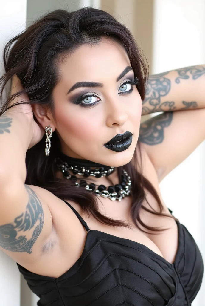 Hyper realistic photo perfect goth vampire, sexy seductive facial features, tattooed face, smooth snow white skin, thin curved black eyebrows. Black eyeliner, dark black eye shadow, Florence neon blue eyes, crazy eyes, thick black lipstick, curved lips,, extremely detailed long black wavy hair, vibrant red highlights in hair, earrings, lip piercings, choker collar with chains, complete fullbody, larg voluptuous breast, devil tattooed breast,devil tattooed Sternum underboob,devil tattooed stomach, slim waist, toned hips, toned thighs, devil tattooed back, devil tattooed hips, teenage vagina, perfect pussy, thick toned ass, devil tattooed vagina, devil tattooed ass, 