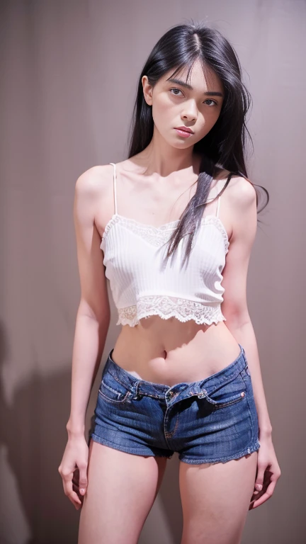 full body wide angle professional photo of a beautiful 20 years old woman, slim woman walking in natural dynamic pose, ((front left side photo)), ((perfect beautiful detailed face)), (((perfect slim tummy showing))), ((dark hair with bangs)), (((sensual shorts jeans with lace in waist and edges))), ((tight lace white tshirt)), straps, lace, ((neckline)), no bra, small round breast, thigh gap, ((sexy slim waist showing)), ((hips showing)), ((standing with open legs)), slim thighs, ocre, dark blue, dark red, lanscape background, low depth of field, vanishing point, bright light realistic photo, real casual photography, natural relaxed pose, realistic natural style, centered, symmetrical, knee shot from below photo, wide angle, nikon z9 , 21 , by david lazar and joel santos