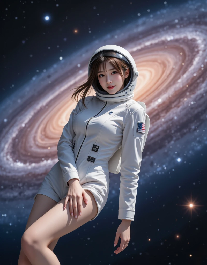 ((Black Hair))。(((Staring at the audience)))、((Wearing a space suit standing on the moon)),((White bikini shorts))、(((Spacewalk)))、wear spacesuits, 白いDressed in an astronaut costume, Cute girl in a tank top, girl in space, In space, (((Dressed in an astronaut costume))), woman astronaut, ((月面でOpen Stance))、((Sexy young woman's body:1.4))、Large bust、The navel is clean、I can see your belly、Open Stance、