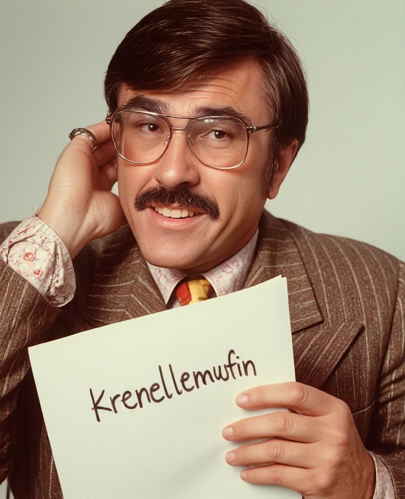 Colored photo by Gary Owens, of a man with a friendly appearance. The image is a close-up portrait, with an emphasis on the face and upper body. He has brown hair with a side part and partially covering his forehead, , well-groomed mustaches and whiskers. His facial features are sharp and clear, with a pronounced nose, expressive eyes. He playfully raises an eyebrow,  looking at the viewer . He wears big, round, wearing a wire-framed aviator glasses. The man is dressed in brown pink striped jacket, with a fine texture and a hint of a lapel pattern.  Under the jacket , he wears a classic white shirt with a yellow tie with large red polka dots. He playfully brings his hand to his ear, and his little finger has a ring. The background is on a sci-fi planet from the 1950s or 1960s tv show, maybe, Star Trek. Uniform lighting,  creating soft , natural glow, emphasizing the facial features of a man, without casting harsh shadows. The background is a white with a grid of small holes. In his other hand, a large paper with text "Krenellemuffin" in capital letters.