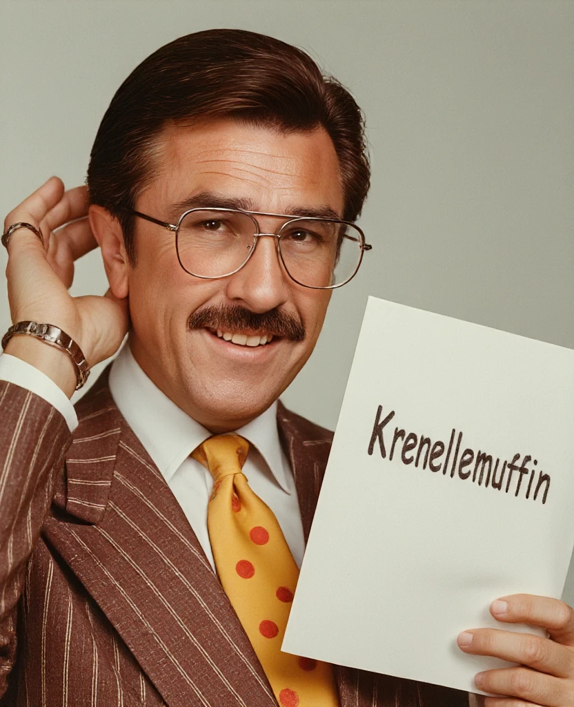 Colored photo by Gary Owens, of a man with a friendly appearance. The image is a close-up portrait, with an emphasis on the face and upper body. He has brown hair with a side part and partially covering his forehead, , well-groomed mustaches and whiskers. His facial features are sharp and clear, with a pronounced nose, expressive eyes. He playfully raises an eyebrow,  looking at the viewer . He wears big, round, wearing a wire-framed aviator glasses. The man is dressed in brown pink striped jacket, with a fine texture and a hint of a lapel pattern.  Under the jacket , he wears a classic white shirt with a yellow tie with large red polka dots. He playfully brings his hand to his ear, and his little finger has a ring. The background is on a sci-fi planet from the 1950s or 1960s tv show, maybe, Star Trek. Uniform lighting,  creating soft , natural glow, emphasizing the facial features of a man, without casting harsh shadows. The background is a white with a grid of small holes. In his other hand, a large paper with text "Krenellemuffin" in capital letters.