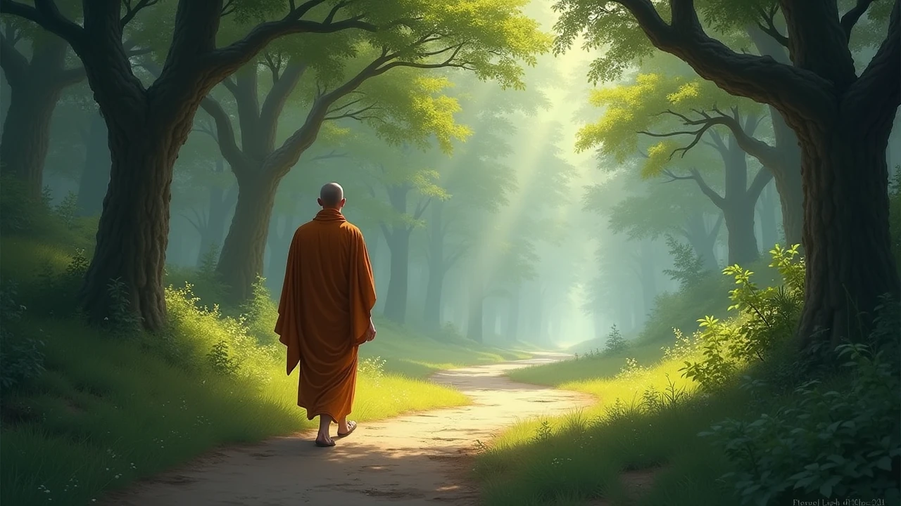a painting of a monk walking down a path in a forest, on path to enlightenment, buddhism, buddhist, on the path to enlightenment, buddha, the buddha, buddhist monk, a beautiful artwork illustration, monk, nivanh chanthara, buddhist art, adorable digital painting