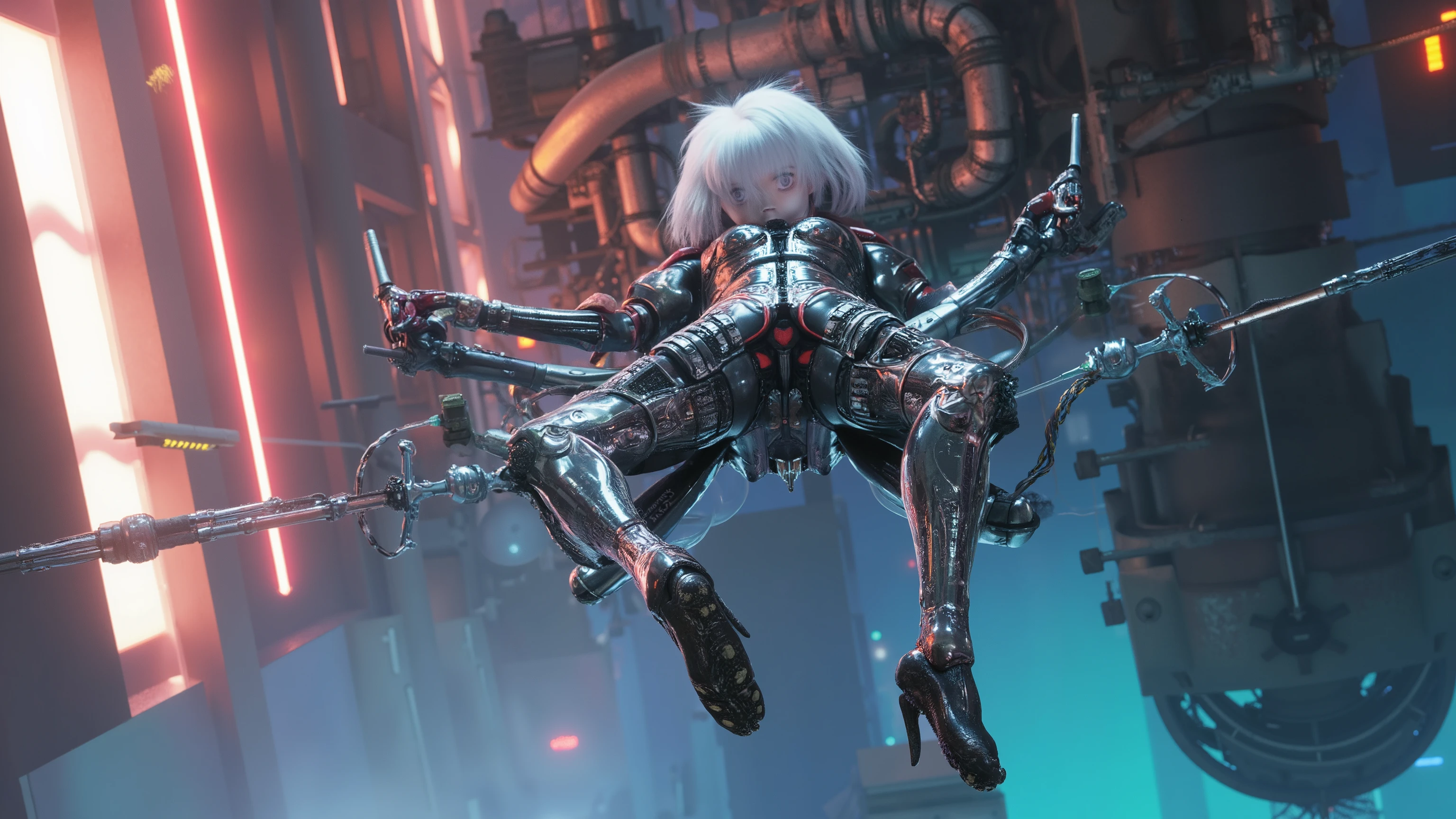 Anime drawn image, intricate, detailed, ornate, fantasy, machinery, neon, cyborg, mechanical parts, mechanical limbs, mechanical wings, cybernetic augmentations, probes, cables, wires, suspended in the air, ray tracing, 16k, UHD, cinematic, masterpiece, award winning 