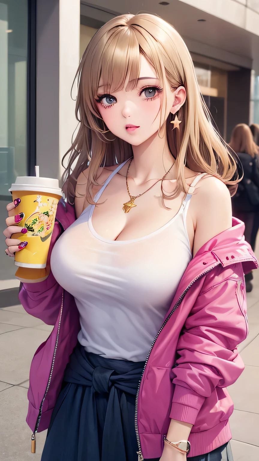 2girls absurdres black_nails blonde_hair breasts brown_eyes brown_hair cleavage clothes_around_waist collarbone commentary cup disposable_cup ear_piercing fingernails food french_fries gyaru hair_intakes hair_ornament hair_rings highres holding holding_food jacket jacket_around_waist jewelry large_breasts long_fingernails mohaka_(m_0haka) multiple_girls nail_polish necklace original piercing pink_jacket shirt sleeves_rolled_up star_(symbol) star_hair_ornament symbol-only_commentary white_shirt
