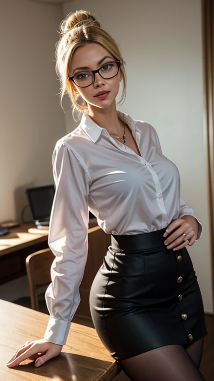 A busty blond haired girl, (wearing a white transparent shirt and black miniskirt), sexual, glasses, secretary, hot, sexy pose, 18 years old, lascivious look, big breasts