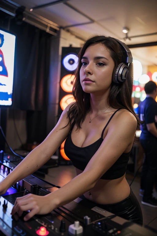 woman in a colorful top and headphones, 1024px, promo image, , dj set,22 year young woman posing for a picture, latina goddess, beauty, latina, beautiful goddess, latina super model, ((brown eyes)), beautiful, gorgeous woman,((g-size breasts)) ,long hair, (huge breasts), ((4K perfect big eyes)) ((juicy lips)) ((she looking at camera)), ((smile face)), (beautiful face) infront of a dj controller, dj at a party, dj set, dj rave party,, dj mixer, dj, turntables, vibing to music, audio equipments, playing techno house music, techno,outdoor rave at the morning, an outdoor festival stage, elaborate stage effects, backround large crowd at a music festival, backround outdoor rave, festivals, atmoshperic, rave art, wonderfull techno party, very epic atmosphere, great atmosphere, lush vista, full body shot, day light, sun light, colorful clothes,perfect day light, perfect sun light, colorful top, at the day, day light, perfect dj set,realistic latina dj, large size breasts, crowd on the backround