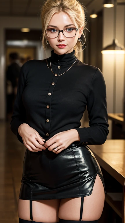 agressive girl, grinning, cute glasses, rear, (((sitting at desk, comfy sweater, shiny plastic pants, ))) thick calves, textured pants, (((Hyper realistic))), (((ultra quality 32k))), (((masterpiece))), (((hyper detailed textures))), (((perfect face))), (((wearing cap))), (((intricate details))),